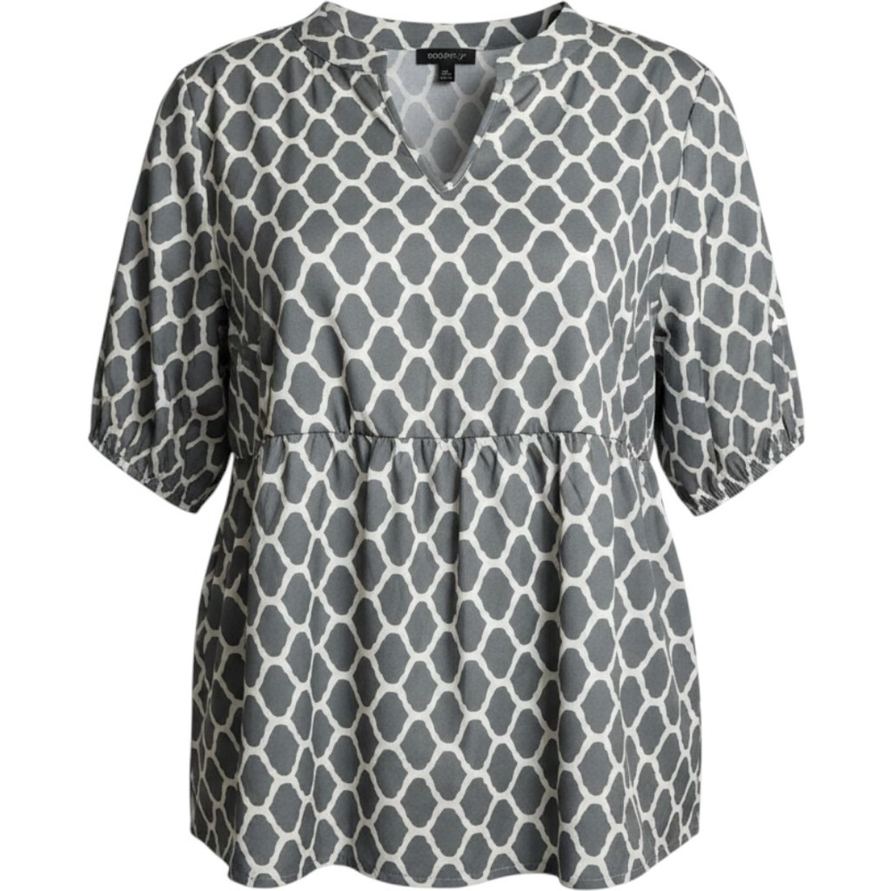 Emery Rose Grey/Green White Geometric Lattice V-Neck Babydoll Blouse 5XL Fits 3X